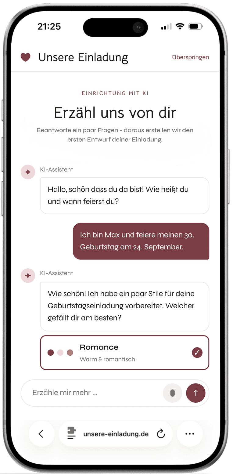 KI-Assistent von Unsere Einladung richtet eine Geburtstagsseite auf einem iPhone ein